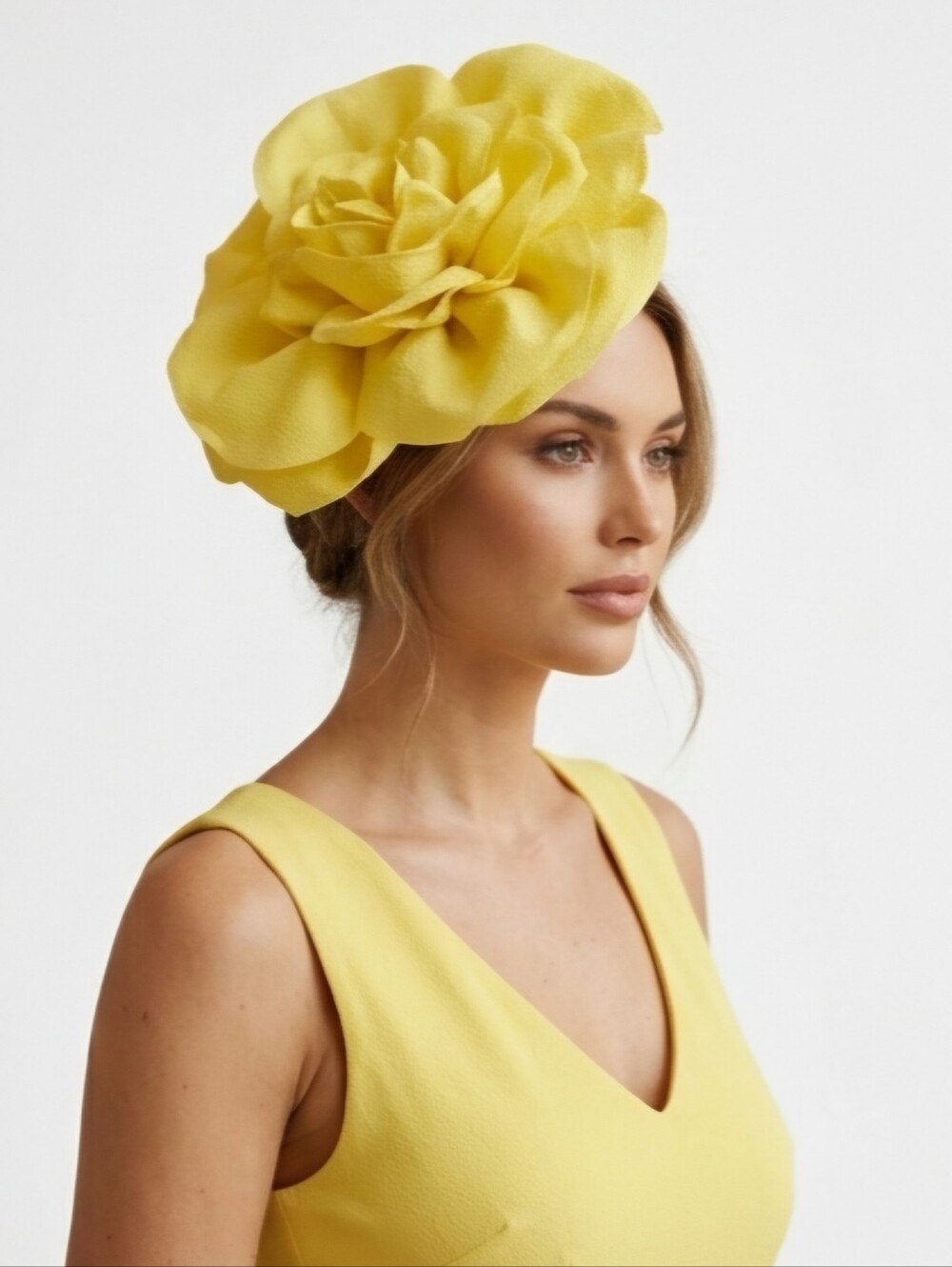 Beloved Millinery Gorgepus Yellow Fabric Petals Fascinator Headband Clip & Pin - Picture 3 of 10